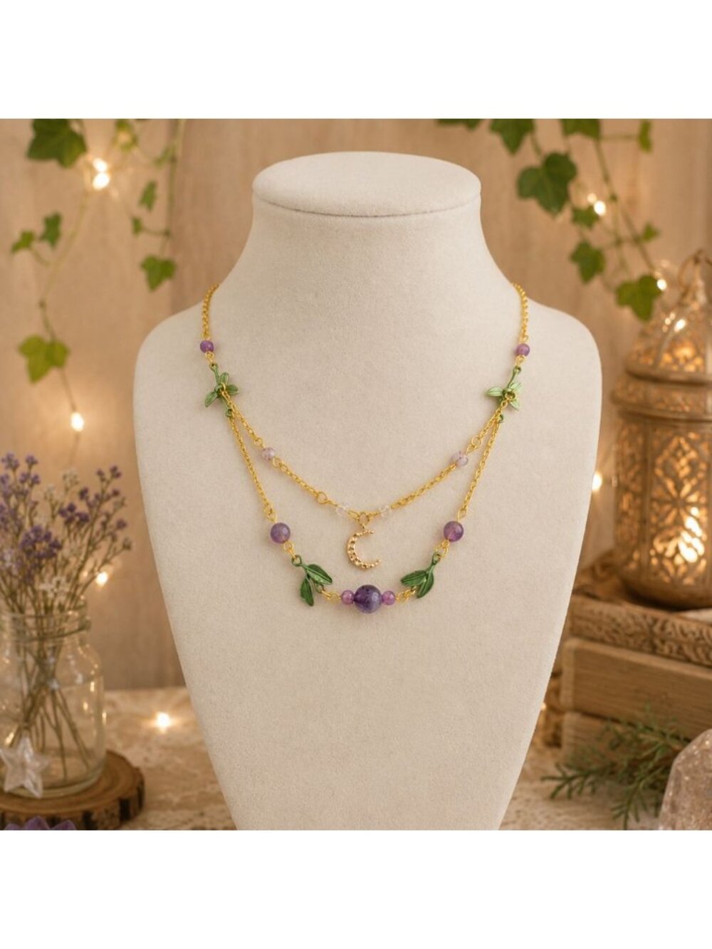 Amethyst Layered Necklace Celestial Moon Necklace Floral Necklace Cottagecore
